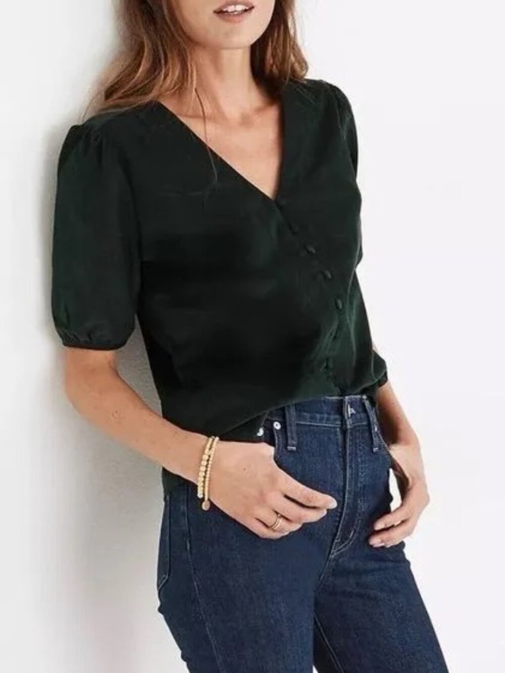 Madewell Corduroy Puff Sleeve V-Neck Button Front Top (XS)